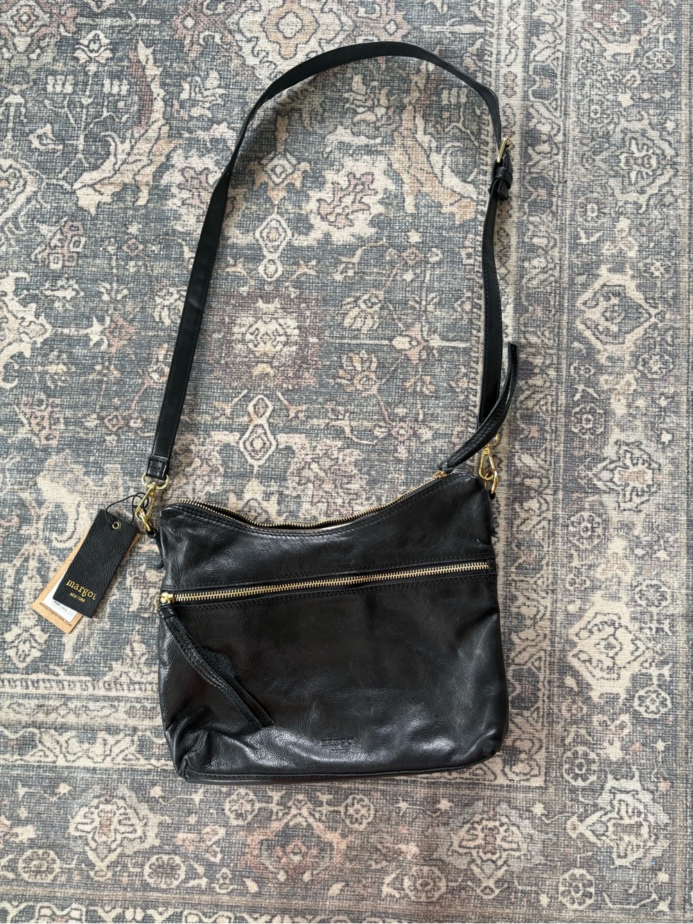 Margot New York Black Leather Messenger Bag with Cream Interior